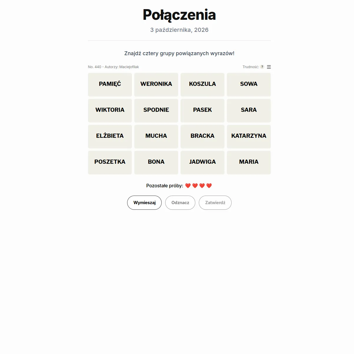 Połączenia board No. 440 for 3 października 2026: sixteen Polish words such as PAMIĘĆ, KOSZULA, WIKTORIA and MUCHA, four hearts and the Wymieszaj, Odznacz and Zatwierdź buttons