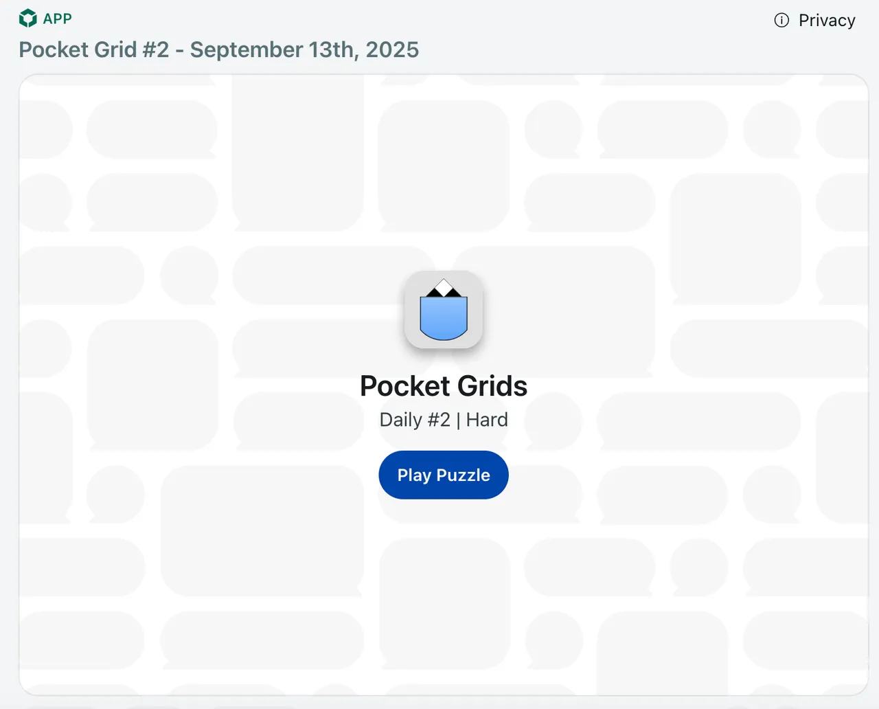 The Pocket Grids launch screen for Pocket Grid #2, Daily #2 Hard, with its Play Puzzle button