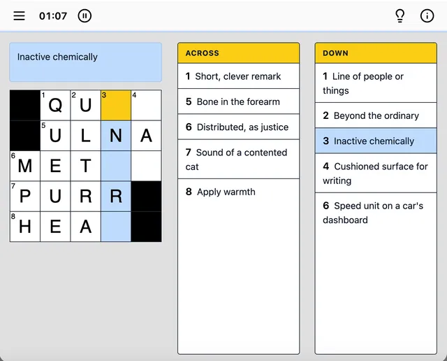 A Pocket Grids 5x5 mini crossword in progress, with the clue 'Inactive chemically' highlighted beside the Across and Down clue lists