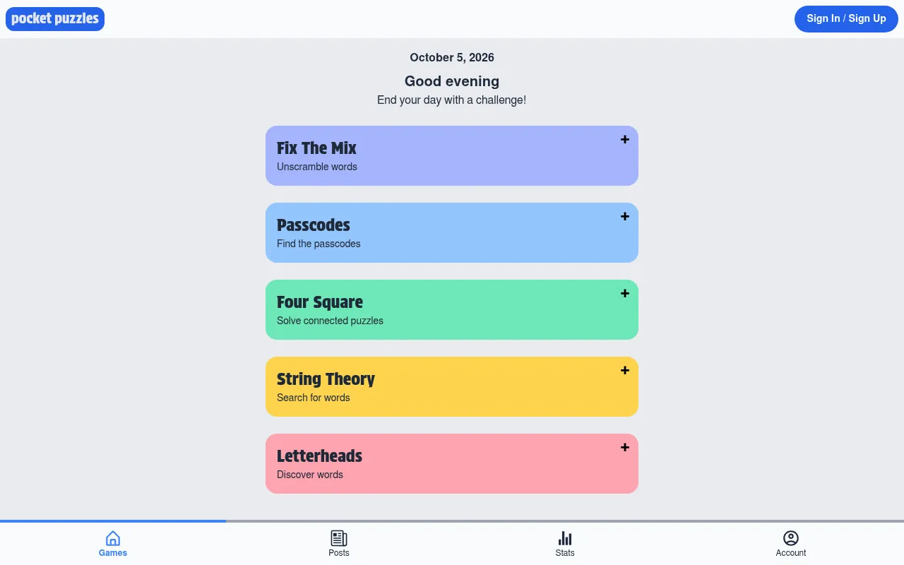 The Pocket Puzzles menu for October 5, 2026, listing Fix The Mix, Passcodes, Four Square, String Theory and Letterheads