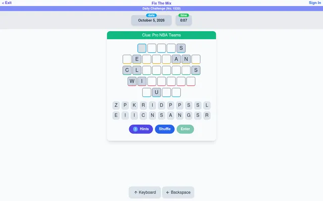 Pocket Puzzles' Fix The Mix daily challenge No. 1520 for October 5, 2026: the clue Pro NBA Teams above five rows of letter boxes with a few letters given, a pool of letter tiles, and Hints, Shuffle an