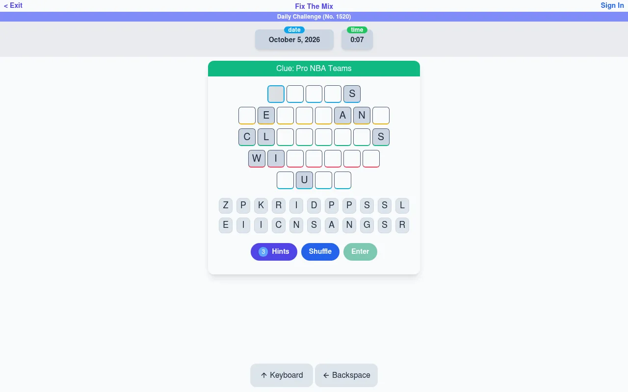 Pocket Puzzles' Fix The Mix daily challenge No. 1520 for October 5, 2026: the clue Pro NBA Teams above five rows of letter boxes with a few letters given, a pool of letter tiles, and Hints, Shuffle an
