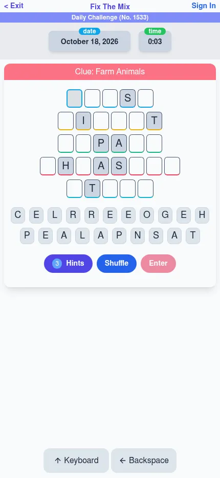 Fix The Mix No. 1533 at phone size: the Farm Animals clue, five rows of boxes and the letter tiles in a narrow column