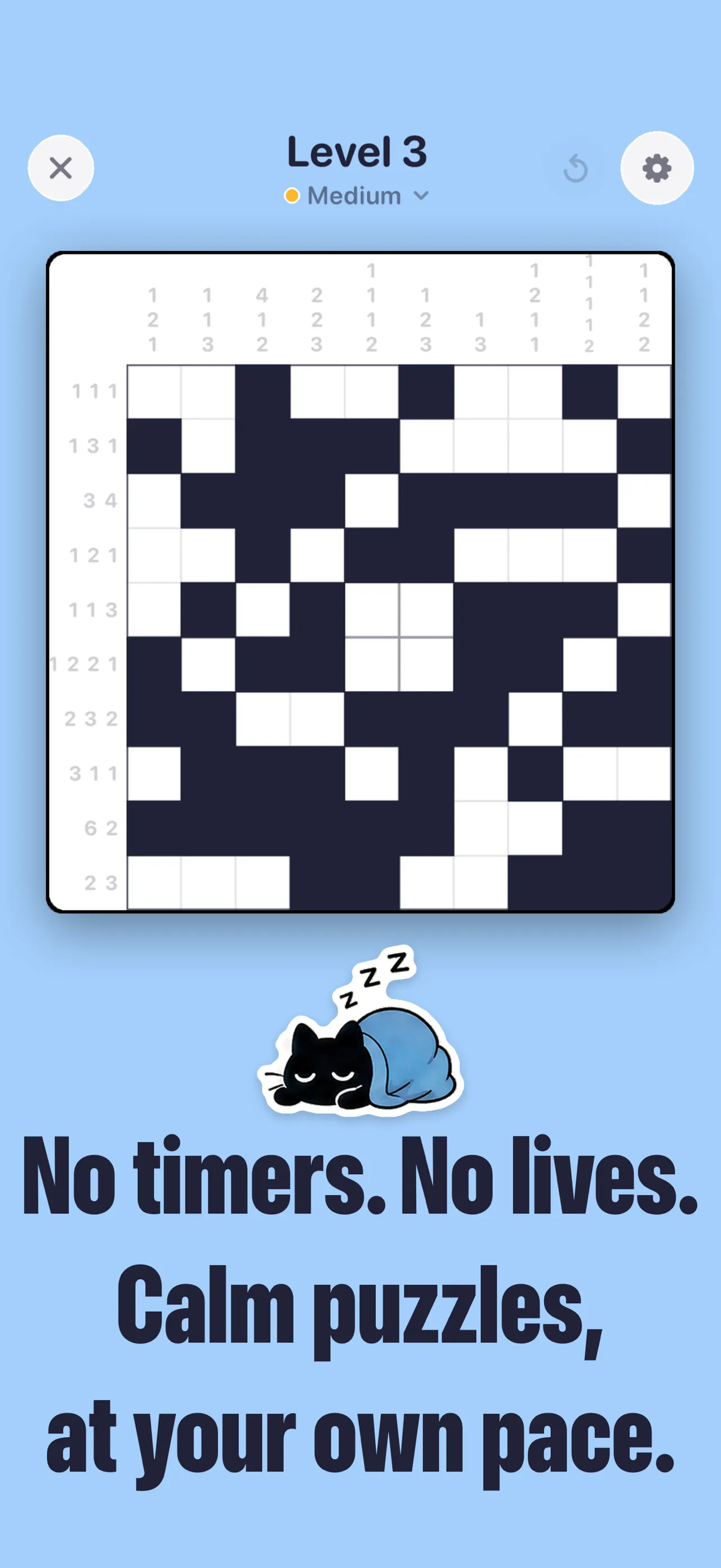 A Pocketful Nonogram level on Medium, with the sleeping cat Pocket below the grid