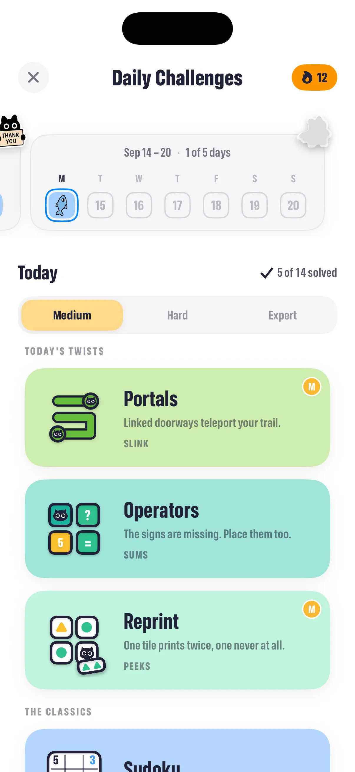 Pocketful's Daily Challenges screen with a 12-day streak, the week's sticker calendar and today's Portals, Operators and Reprint twists