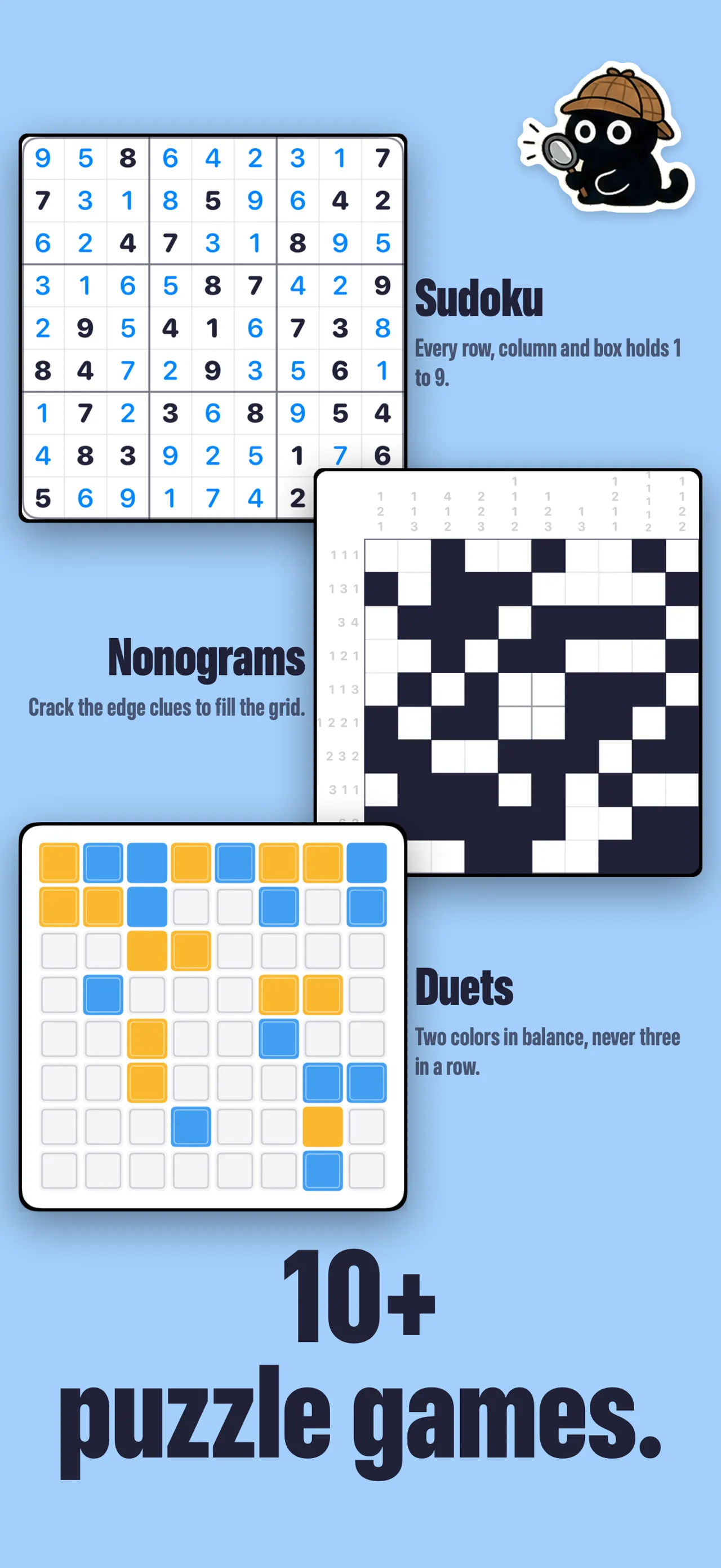 Pocketful App Store screenshot showing a Sudoku grid, a Nonogram and a Duets board, captioned 10+ puzzle games