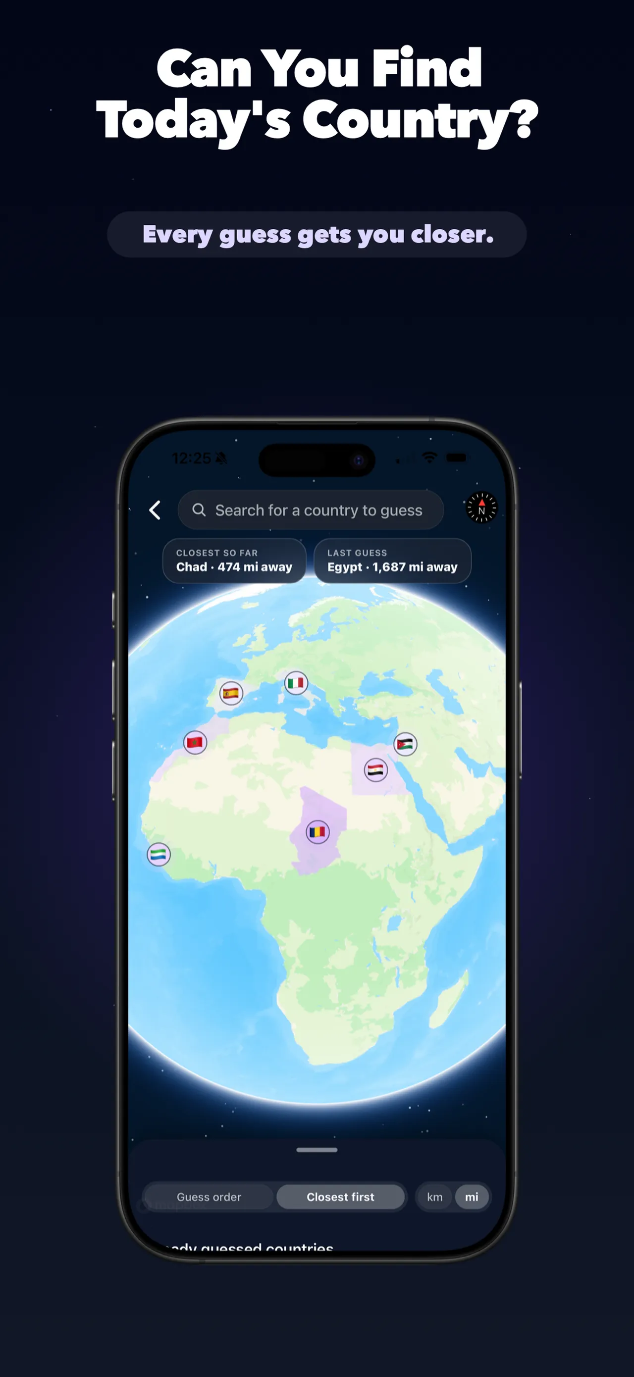 PocketGlobe Mystery mode: a globe with flags marking guesses and the closest guess, Chad, 474 miles away