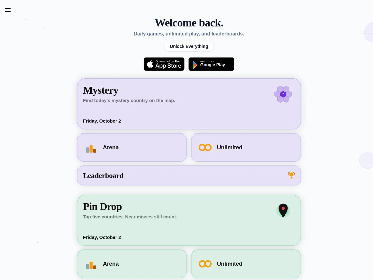 PocketGlobe web page with the dated Mystery and Pin Drop daily games