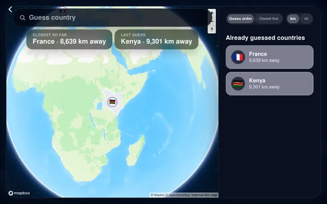 Today's PocketGlobe Mystery board on 21 October 2026: a 3D globe with France and Kenya guessed, cards showing 8,639 km and 9,301 km from the hidden country