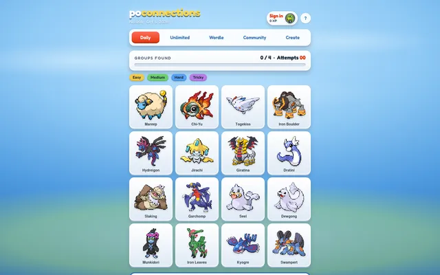 Poconnections daily board No. 059 for Oct 5, 2026: sixteen Pokémon sprites including Mareep, Chi-Yu, Togekiss, Giratina, Seel, Dewgong and Kyogre, with Easy, Medium, Hard and Tricky labels