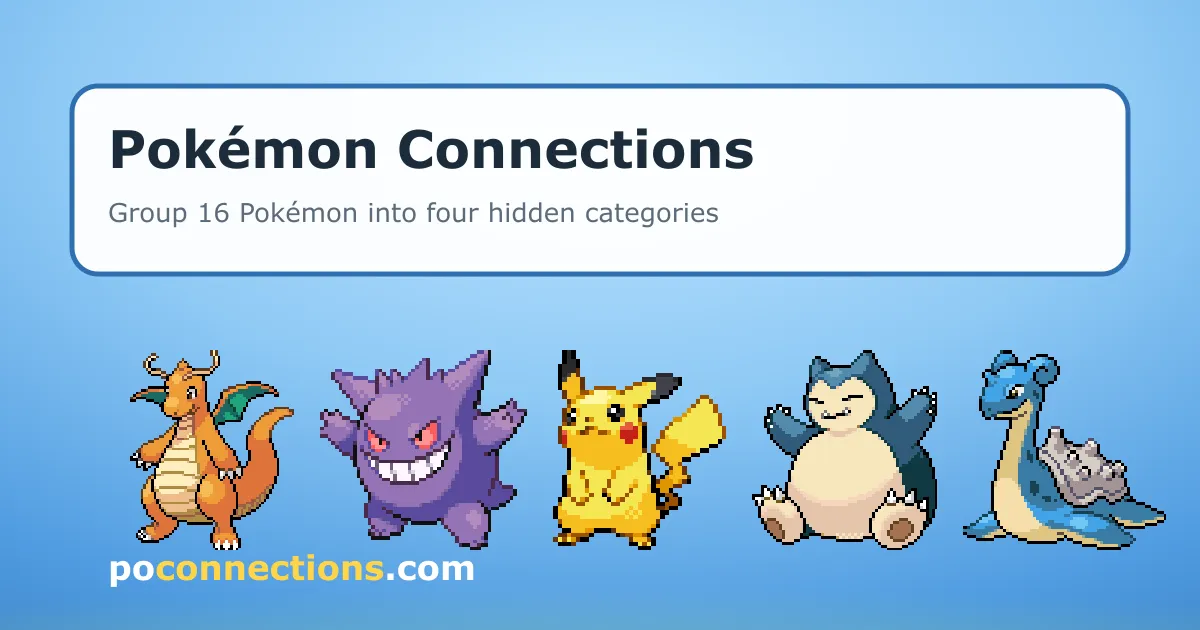 Pokémon Connections share card: Group 16 Pokémon into four hidden categories, above sprites of Dragonite, Gengar, Pikachu, Snorlax and Lapras and the address poconnections.com