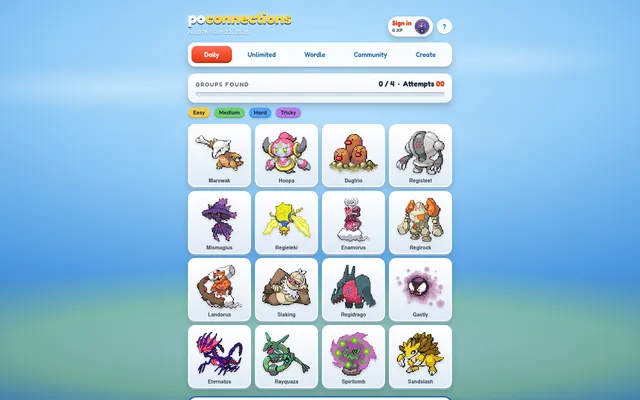 Poconnections daily board No. 076 for Oct 22, 2026: sixteen Pokémon sprites including Marowak, Hoopa, Dugtrio, Registeel, Mismagius, Regieleki, Rayquaza and Sandslash, with Easy to Tricky labels