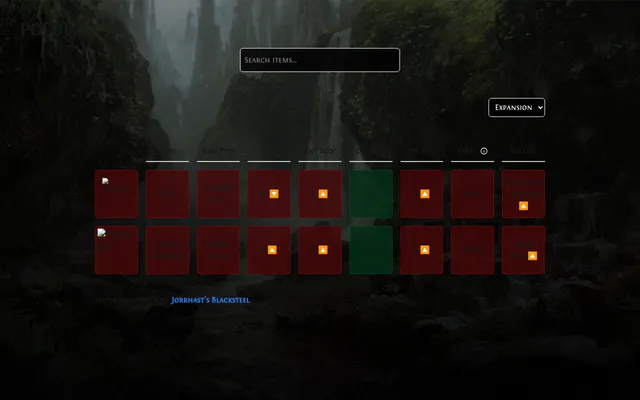 Today's Poedle board after two guesses, a belt and a body armour: red and green tiles for class, base type, level, attribute requirements, types and release, with arrows toward the hidden item
