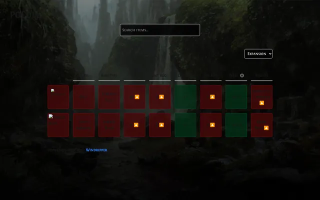 Today's Poedle board after two guesses, a belt and a body armour: rows of red and green tiles for class, base type, level, attribute requirements, types and release, with arrows toward the hidden item