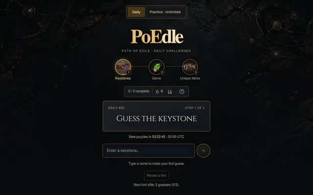 PoEDle's daily screen: Daily #30, step 1 of 3, Guess the keystone, with the Keystones, Gems and Unique Items steps and a countdown to new puzzles at 00:00 UTC