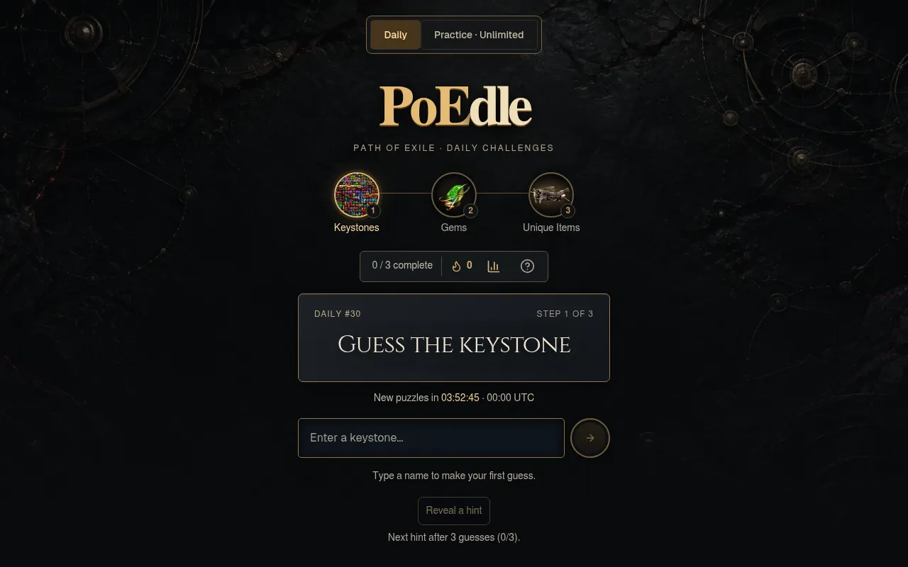 PoEDle's daily screen: Daily #30, step 1 of 3, Guess the keystone, with the Keystones, Gems and Unique Items steps and a countdown to new puzzles at 00:00 UTC