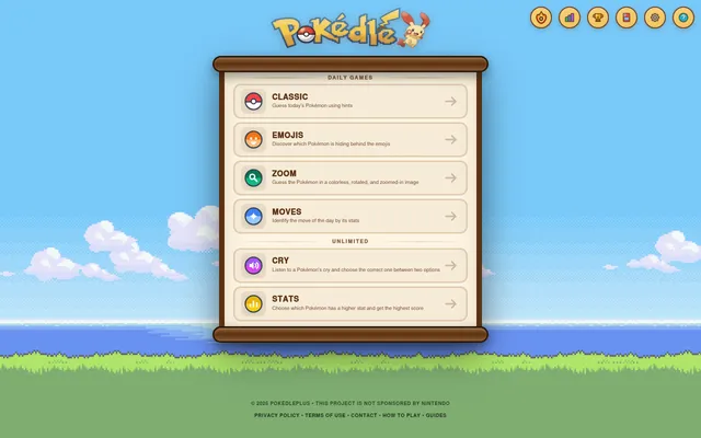 PokédlePlus menu: the daily Classic, Emojis, Zoom and Moves games and the unlimited Cry and Stats modes on a wooden scroll over a pixel-art sky