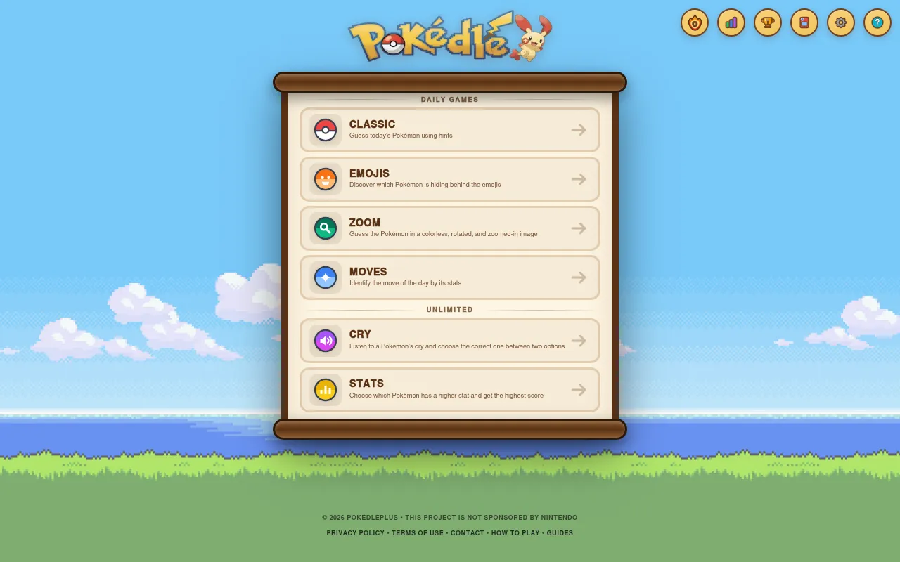 PokédlePlus menu: the daily Classic, Emojis, Zoom and Moves games and the unlimited Cry and Stats modes on a wooden scroll over a pixel-art sky