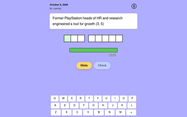 PokeCryptic for October 6, 2026 by rapsilog: a cryptic clue with an answer of (3, 5), two rows of empty letter boxes, a Par 2 bar, the Hints and Check buttons and an on-screen keyboard