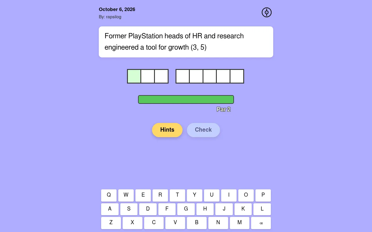 PokeCryptic for October 6, 2026 by rapsilog: a cryptic clue with an answer of (3, 5), two rows of empty letter boxes, a Par 2 bar, the Hints and Check buttons and an on-screen keyboard
