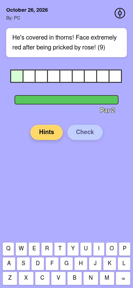 PokeCryptic at phone size on October 26, 2026: the day's clue, nine letter boxes, the Par 2 bar, Hints and Check buttons and the keyboard at the foot of the screen