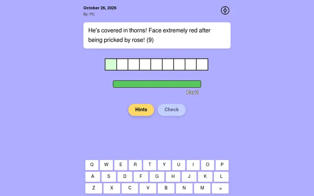 PokeCryptic for October 26, 2026 by PC: a nine-letter cryptic clue about thorns and a rose, empty letter boxes, a Par 2 bar, Hints and Check buttons and an on-screen keyboard