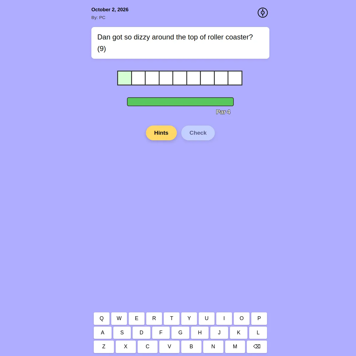 PokeCryptic play screen dated October 2, 2026: a cryptic clue reading Dan got so dizzy around the top of roller coaster? (9), a nine-box answer row, a green progress bar labelled Par 4, Hints and Chec