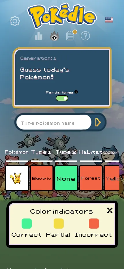 Pokédle Classic at phone size: a Pikachu guess in trait tiles under the name box, the Partial types switch and the colour key below