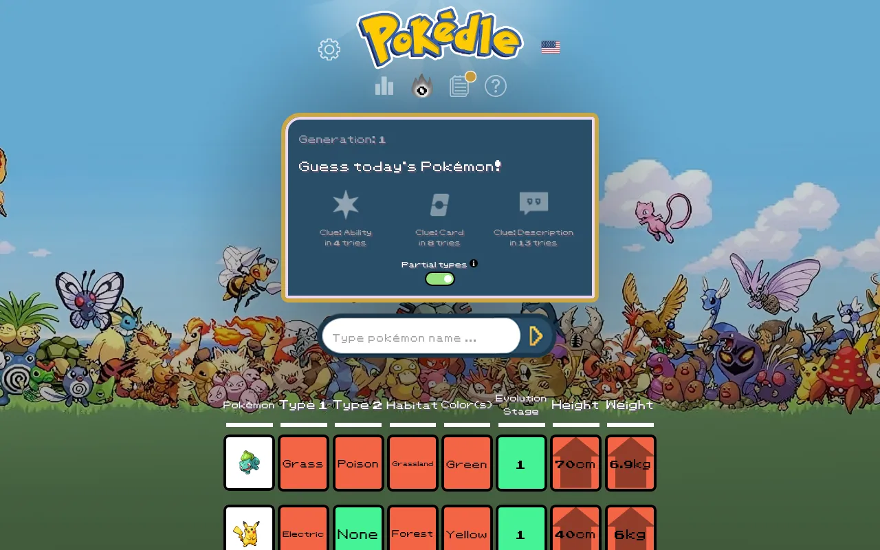 Today's Pokédle Classic board on a desktop: Bulbasaur and Pikachu guesses set against the hidden Gen 1 Pokémon in red and green trait tiles, with height and weight arrows