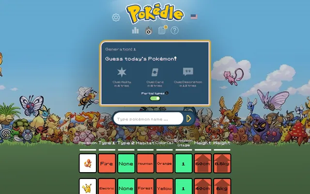 Today's Pokédle Classic board on a desktop: guesses Pikachu and Charmander set against the hidden Gen 1 Pokémon in coloured trait tiles