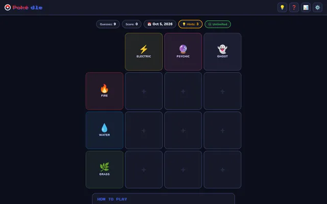 Pokedle Pokémon Grid Puzzle for Oct 5, 2026: an empty 3x3 grid with rows Fire, Water and Grass and columns Electric, Psychic and Ghost, 9 guesses and 3 hints
