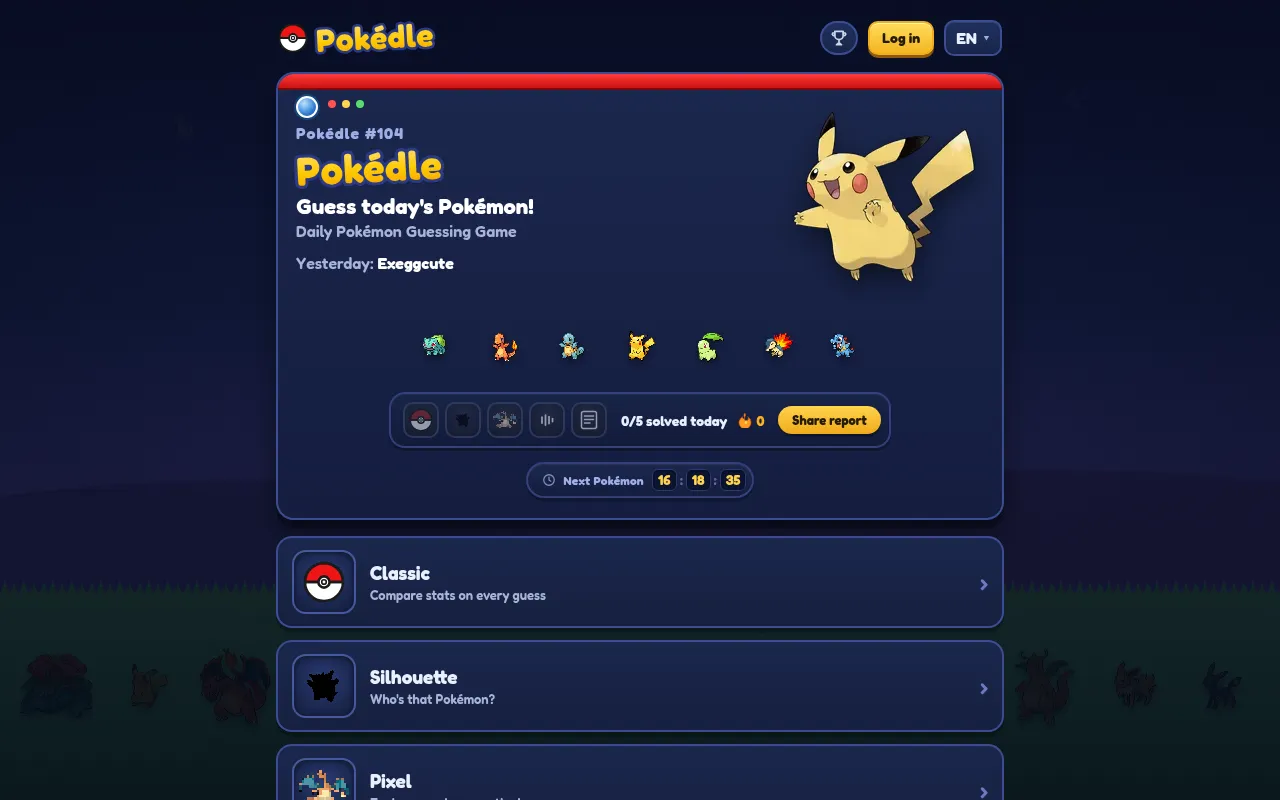 Pokédle #104 home: Guess today's Pokémon, yesterday's answer Exeggcute, 0 of 5 modes solved today, a countdown to the next Pokémon, and the Classic, Silhouette and Pixel modes