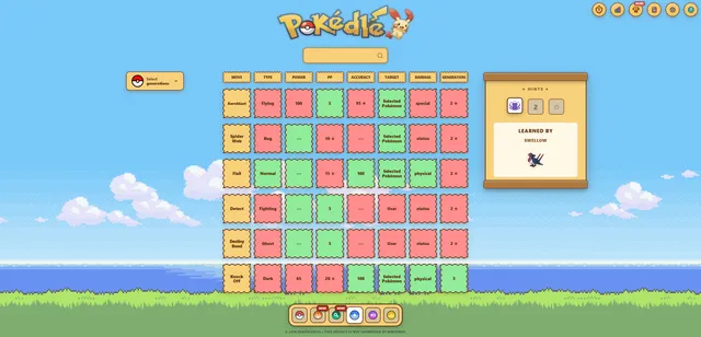 PokédlePlus Moves board: six guessed moves in rows of green and red cells for type, power, PP, accuracy, target, damage and generation, beside a hint card naming Swellow
