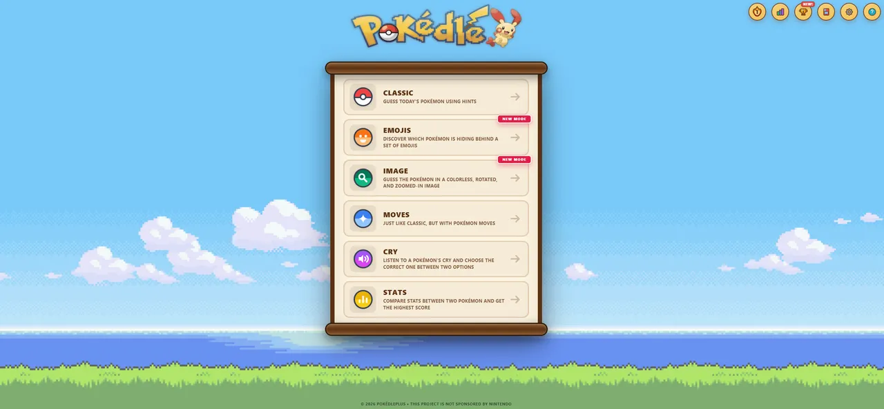 PokédlePlus menu with the Classic, Emojis, Image, Moves, Cry and Stats modes on a wooden scroll over a pixel-art sky