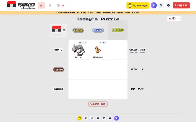 PokeDoku board for 18 October 2026: Rock, Flying and Bug columns against Kanto, Fighting and Paldea rows, with Onix and Pidgey placed and their pick shares shown