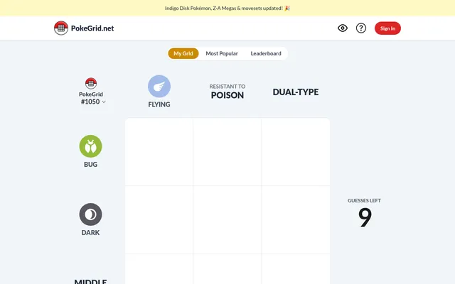 Today's PokeGrid #1050 on a desktop: an empty grid with Bug, Dark and Middle Evolution down the side, Flying, Resistant to Poison and Dual-Type across the top, and 9 guesses left