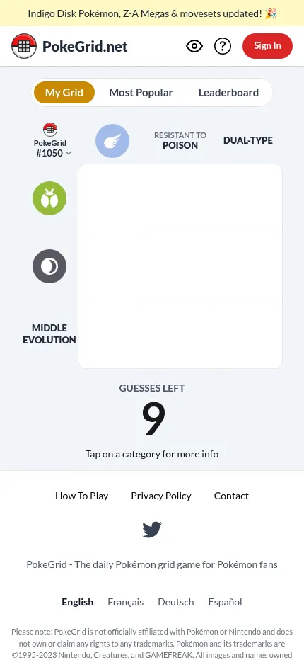 PokeGrid #1050 on a phone: the whole empty 3x3 grid with its six clues and 9 guesses left