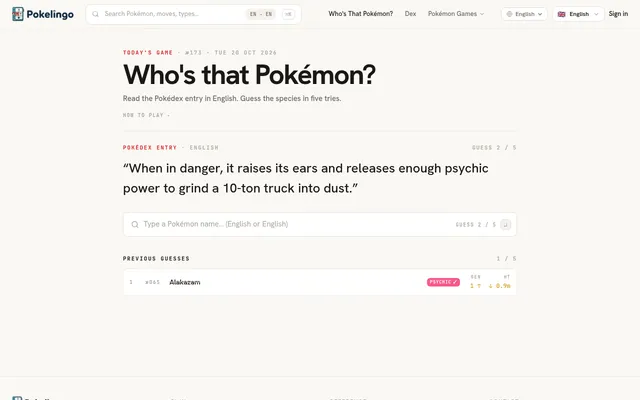 Pokelingo riddle No. 173 for 20 October 2026: an English Pokédex entry about psychic power, with a first guess of Alakazam marked Psychic and arrows for generation and height
