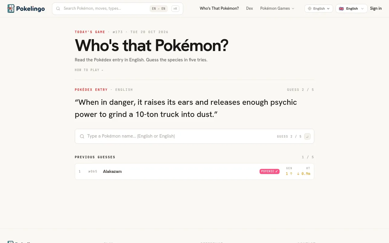 Pokelingo riddle No. 173 for 20 October 2026: an English Pokédex entry about psychic power, with a first guess of Alakazam marked Psychic and arrows for generation and height