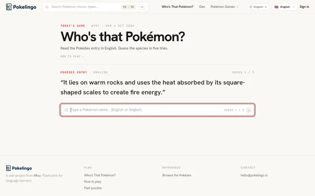 Who's that Pokémon? puzzle #157 for 4 October 2026: an English Pokédex entry about a Pokémon that lies on warm rocks, and a name box showing guess 1 of 5