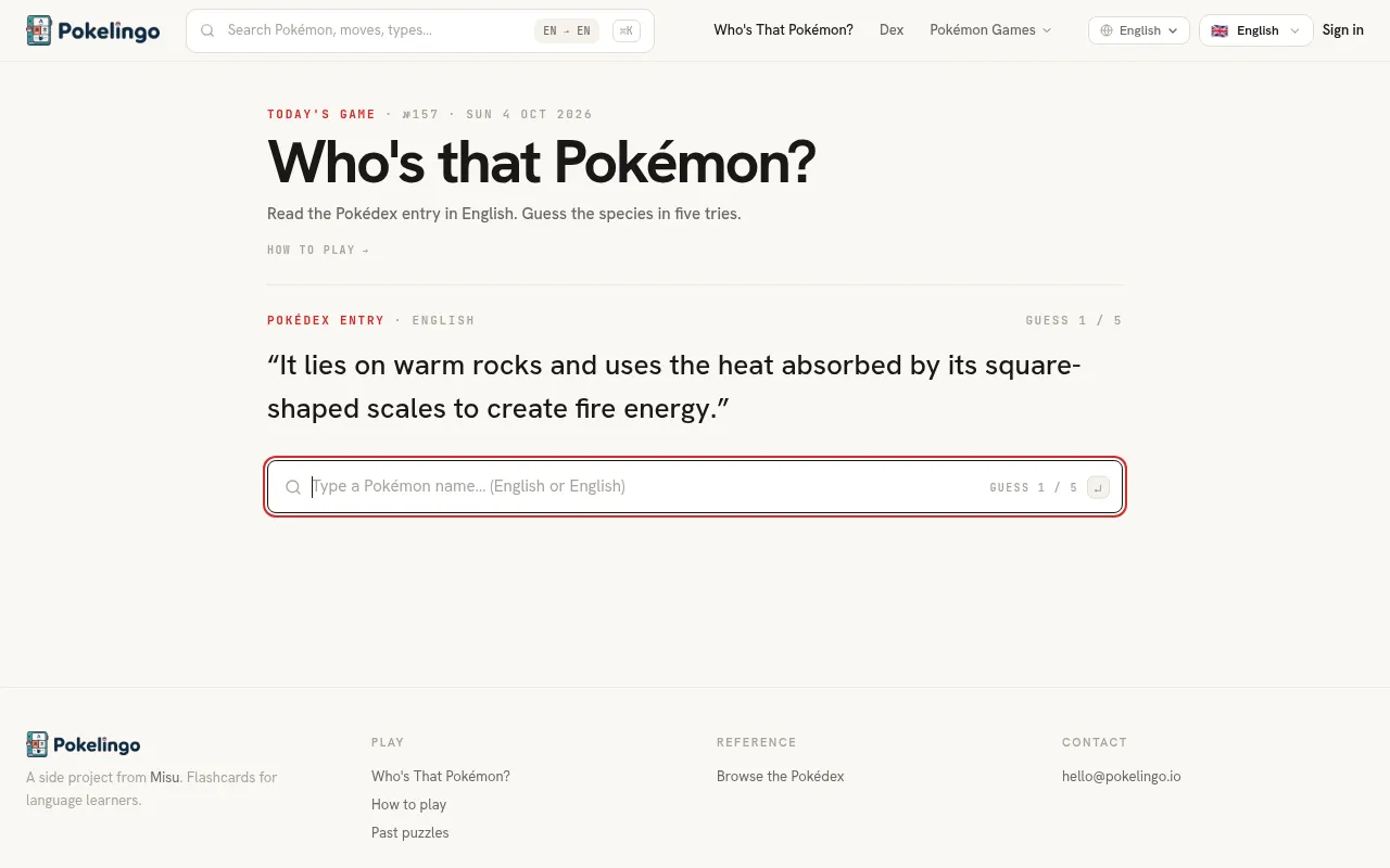 Who's that Pokémon? puzzle #157 for 4 October 2026: an English Pokédex entry about a Pokémon that lies on warm rocks, and a name box showing guess 1 of 5