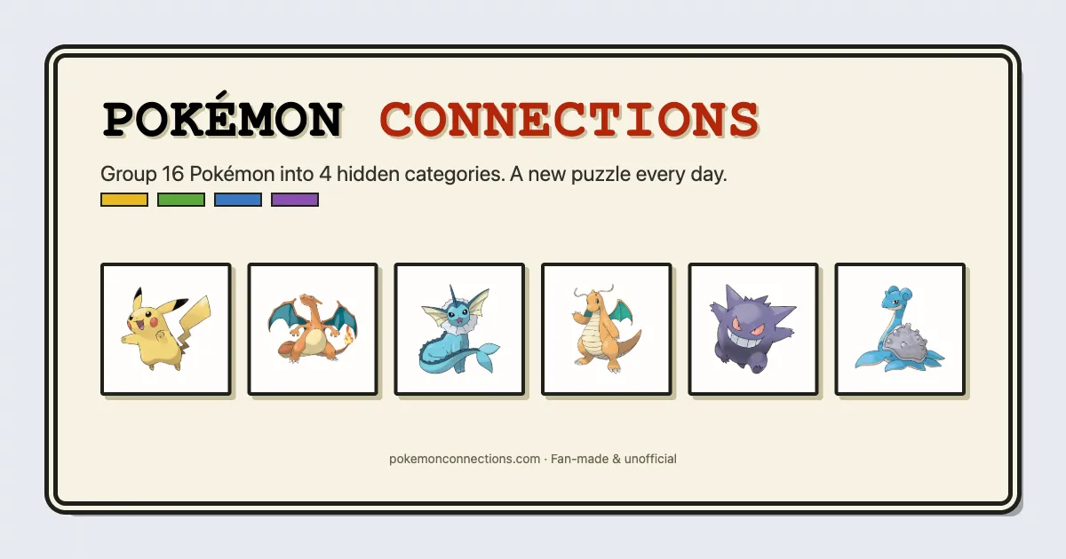 Pokémon Connections card: the title, Group 16 Pokémon into 4 hidden categories, four difficulty colour bars and tiles of Pikachu, Charizard, Vaporeon, Dragonite, Gengar and Lapras