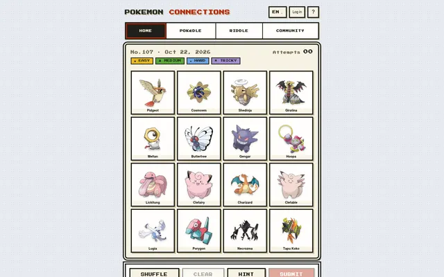 Pokémon Connections No. 107 for 22 October 2026: a 4x4 board of Pokémon including Pidgeot, Gengar, Clefairy, Lugia and Necrozma, with Easy to Tricky colour labels
