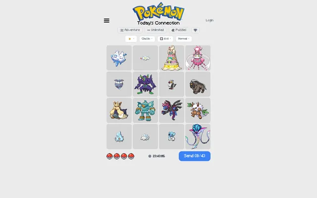 Today's Pokennection board on 27 October 2026: sixteen Pokémon sprites such as Vanilluxe, Diancie and Hydreigon, four Poké Ball lives, the countdown and the Send button