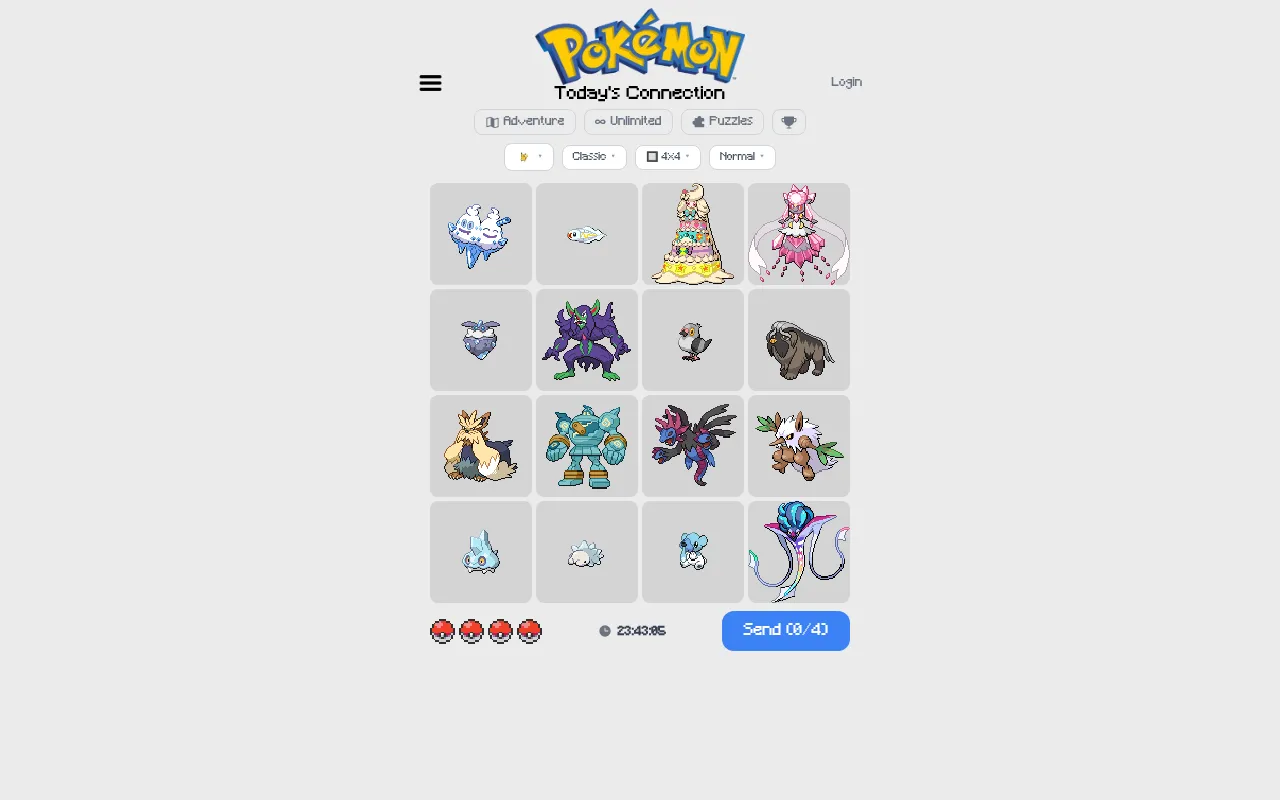 Today's Pokennection board on 27 October 2026: sixteen Pokémon sprites such as Vanilluxe, Diancie and Hydreigon, four Poké Ball lives, the countdown and the Send button
