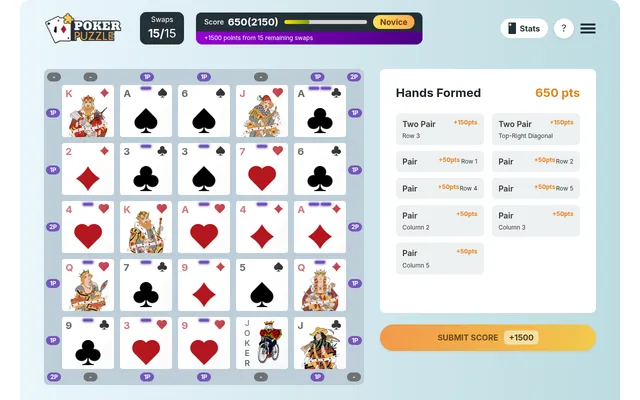 Poker Puzzle's 5x5 card grid with a joker, 15 of 15 swaps left, a score of 650, and the Hands Formed panel listing two pairs and pairs by row and column