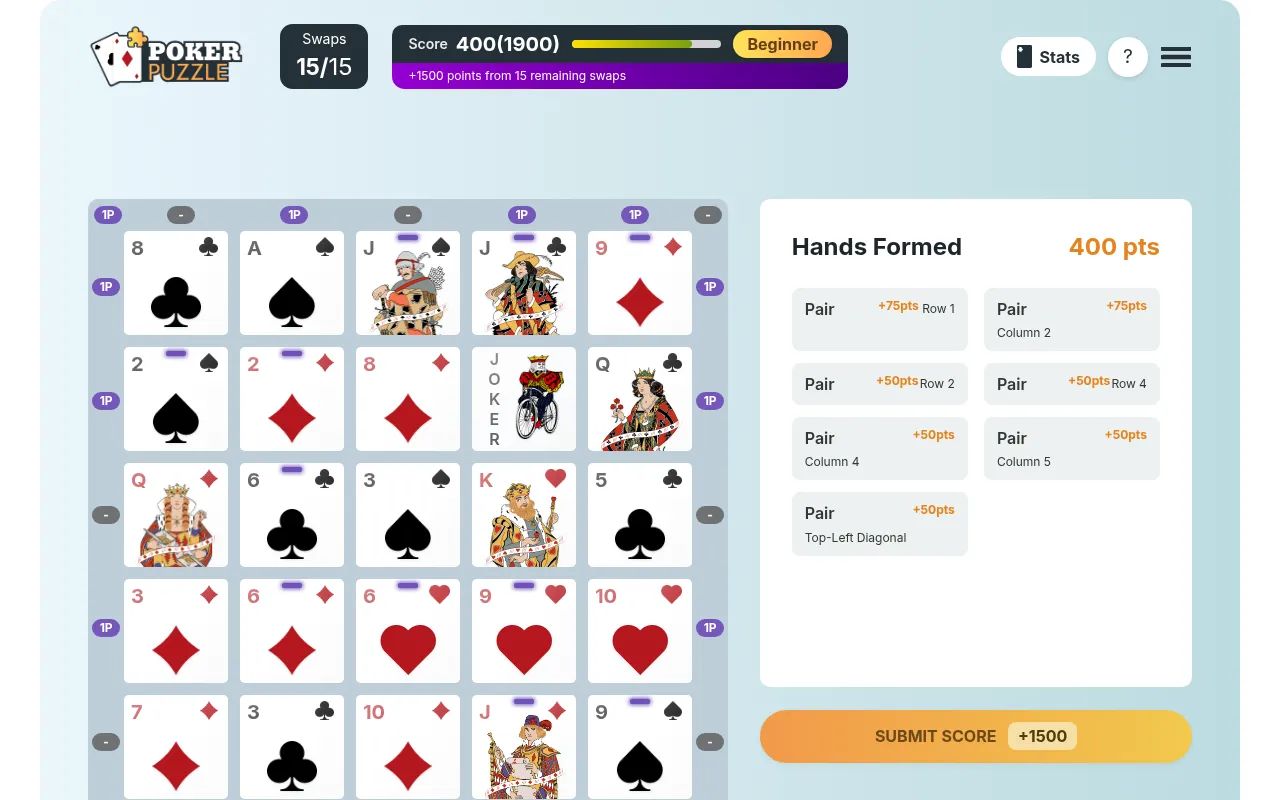 Poker Puzzle's 21 October 2026 board: a 5x5 card grid with a joker, 15 of 15 swaps, a score of 400 and the Hands Formed panel listing pairs with the Ace bonus