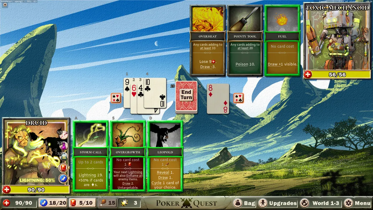 Poker Quest screenshot of a card battle against a monster