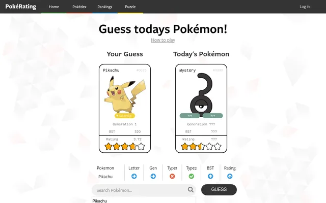 PokéRating daily puzzle on a desktop after one guess: Pikachu's card beside the Mystery card, and a clue row with arrows for Letter, Gen, BST and Rating and marks for Type1 and Type2