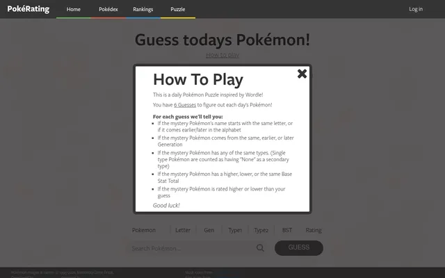 PokéRating daily puzzle Guess todays Pokémon with its How To Play box open over the clue columns Letter, Gen, Type1, Type2, BST and Rating and the Pokémon search box